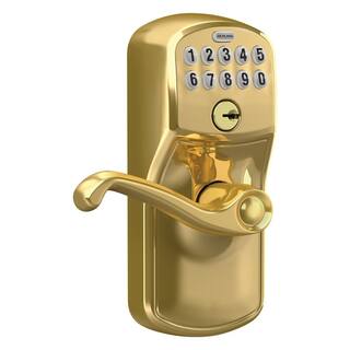 Schlage Plymouth Bright Brass Electronic Keypad Door Lock with Flair Handle and Flex Lock FE595 V PLY 505 FLA 605