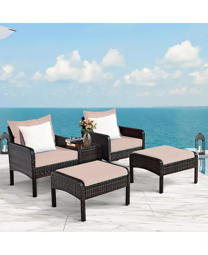 Costway 5 PCS Rattan Wicker Furniture Set Sofa Ottoman W Brown Cushion Patio Garden Yard