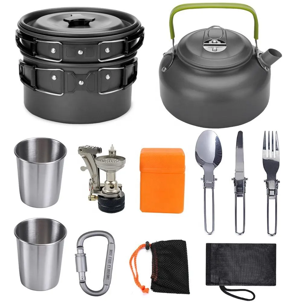 China New  10 pieces outdoor supplies set pot teapot combination portable camping cooker barbecue stove field equipment