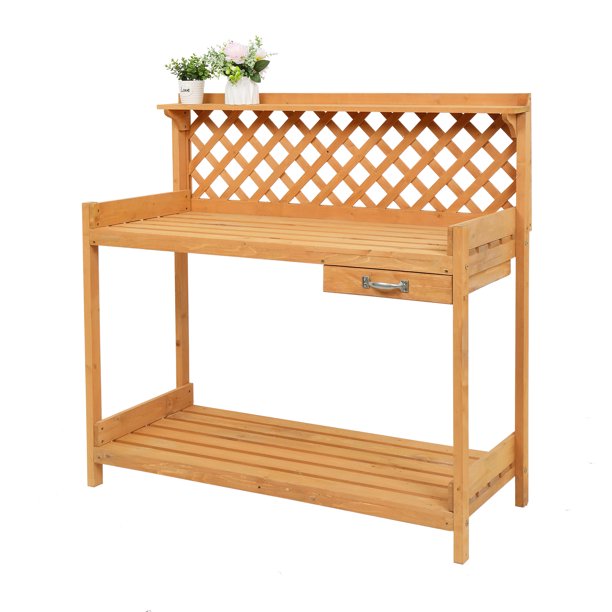 Wooden Potting Bench Table with Drawer 3 Hooks and Storage Shelf, Outdoor Gardening and Planting Tables, Work Station for Backyard Balcony Patio, Garden Workbench with Trellis, Natural Wood