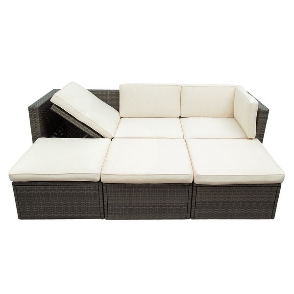 5Piece Patio Wicker Sofa with Adustable Backrest，Cushions，Ottomans and Lift Top Coffee Table