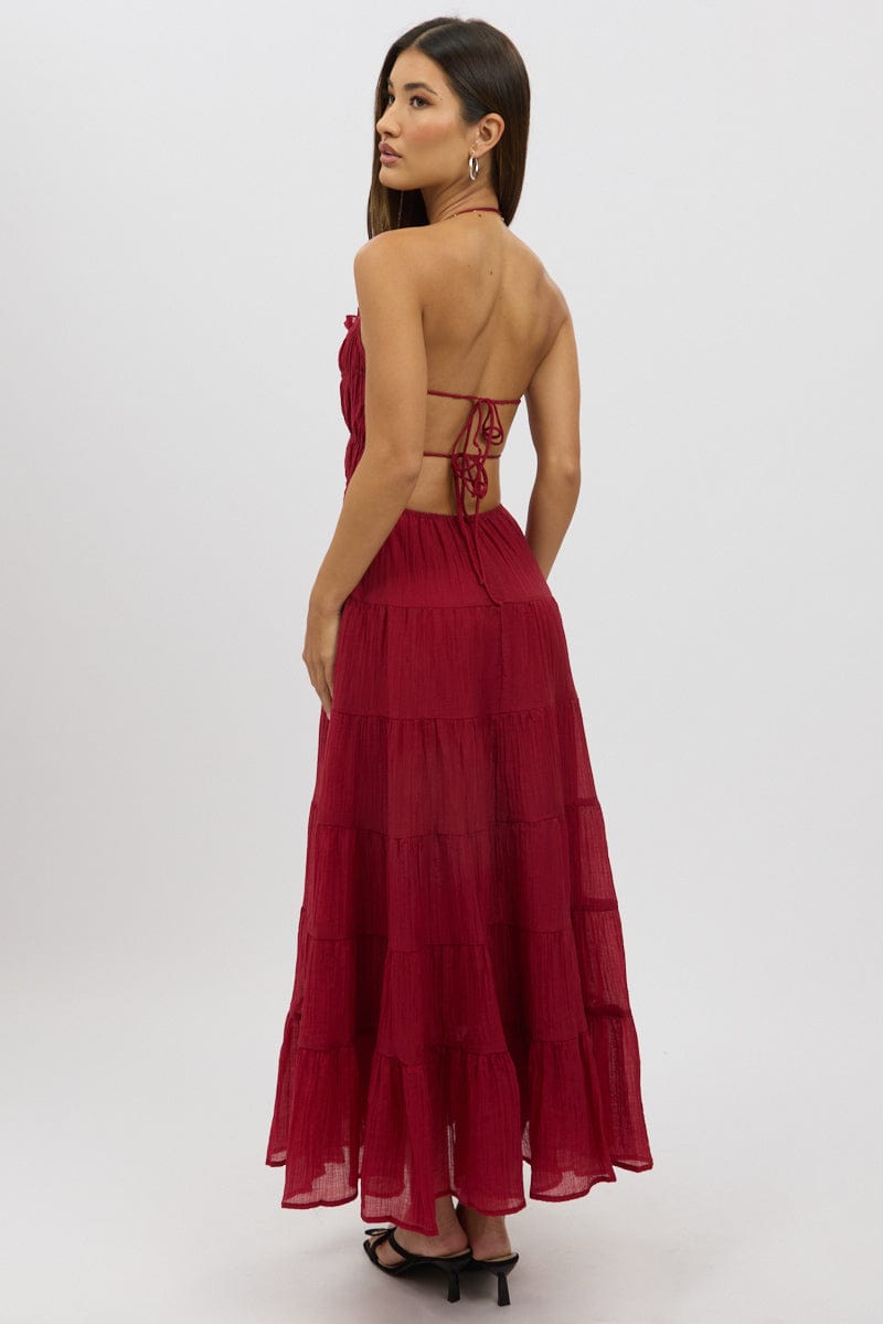 Red Maxi Dress Tiered Backless
