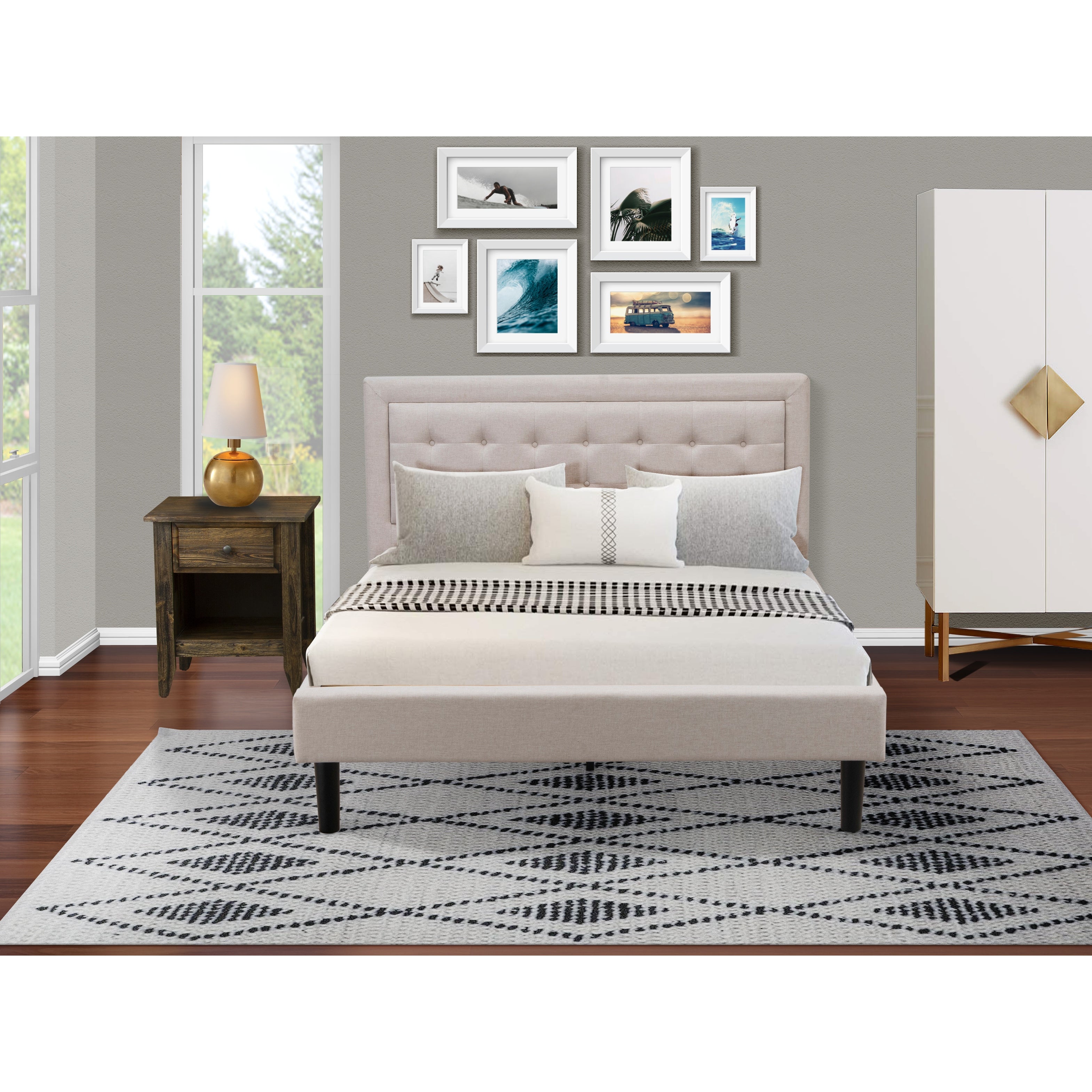 Fannin Queen Bedroom Set - Wingback Bed and a Mid Century Modern Nightstand - Mist Beige Fabric (End Table Pieces Option) - - 33887558