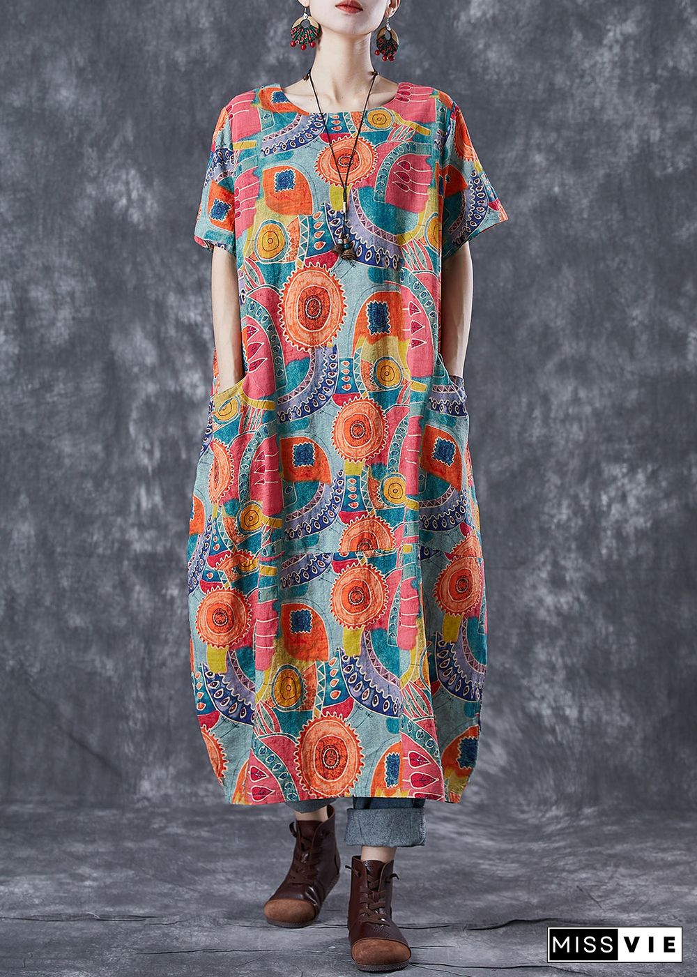 Fitted Orange Oversized Print Linen Maxi Dresses Summer