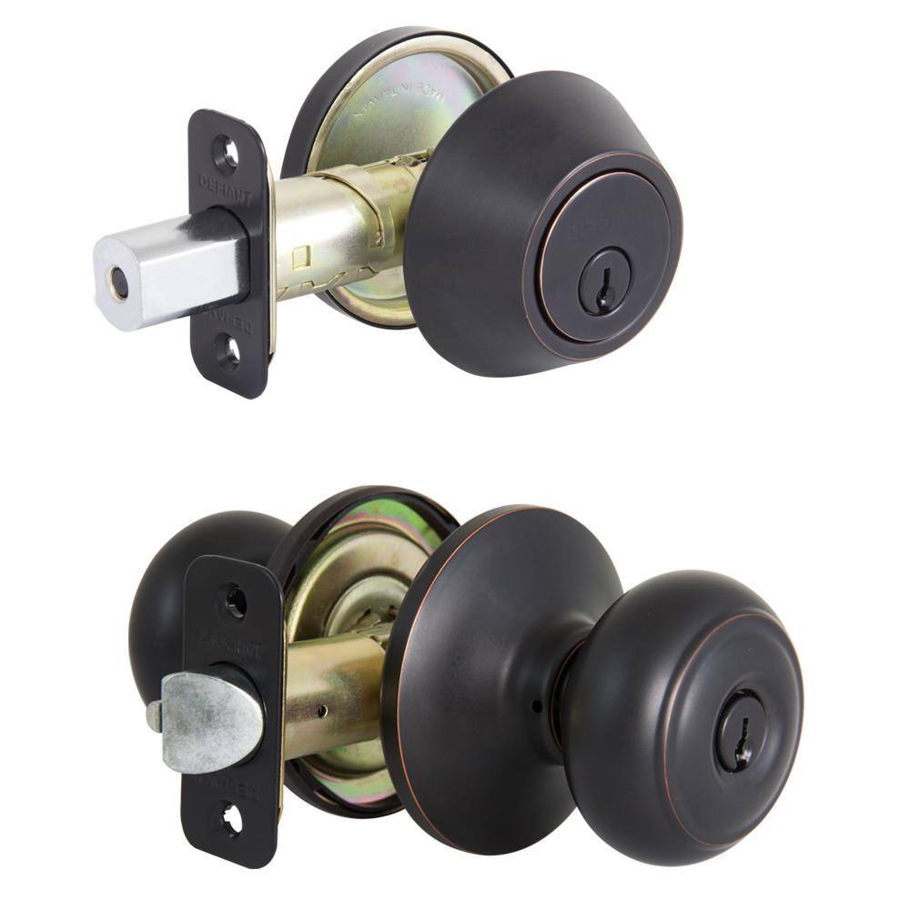 Defiant Hartford Aged Bronze Entry Knob and Single Cylinder Deadbolt Combo Pack BGX7L1B