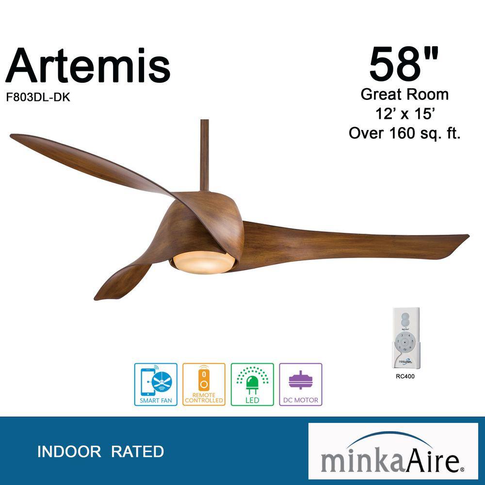 MINKA-AIRE Artemis 58 in. Integrated LED Indoor Distressed Koa Ceiling Smart Fan with Light and Remote Control F803DL-DK