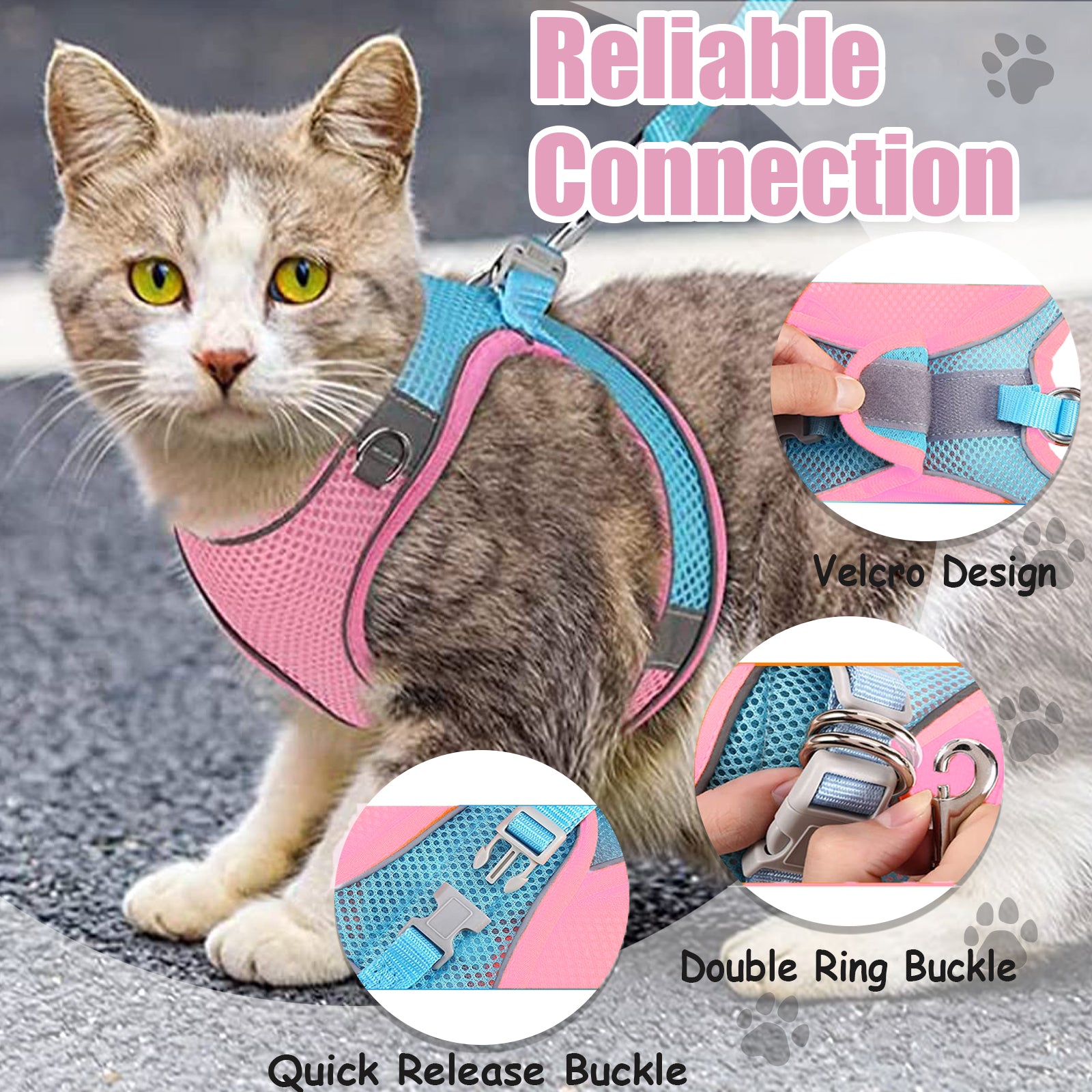 Cat Harness and Leash， Escape Proof Cat Vest Dog Walking Leash and Harness Set， Adjustable Step in Pet Harness， Reflective Breathable Easy Control Vest for Small Large Kitten Dog Outdoor， Pink 2XS