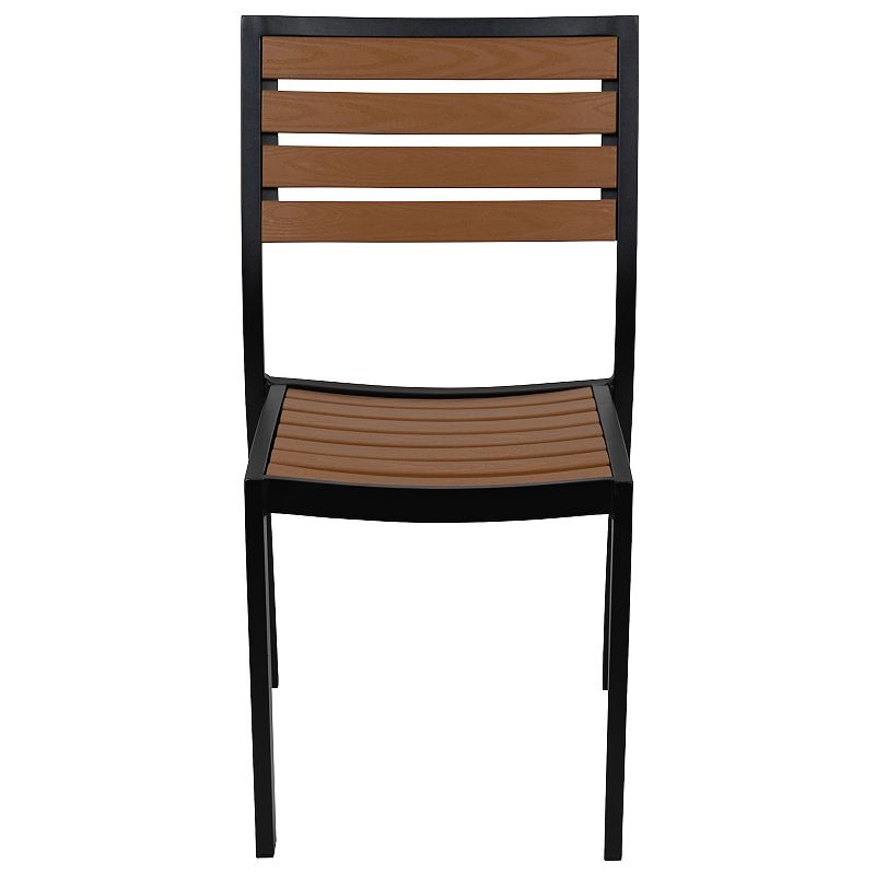 Merrick Lane Kersey Outdoor Stackable Side Chair Faux Poly Teak Wood and Metal Patio and Deck Chair for All-Weather Use