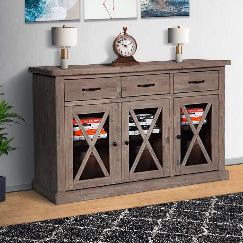 Wooden Sideboard with 3 Drawers and X Front Cabinets  Weathered Oak