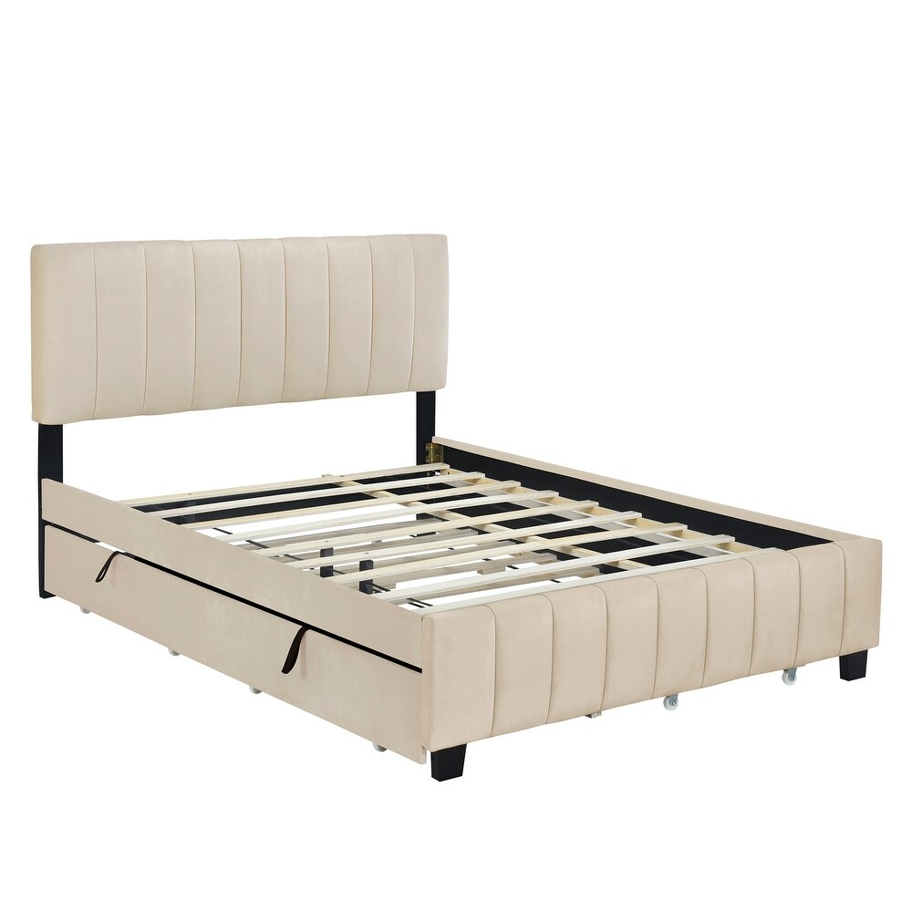 Queen Size Velvet Upholstered Platform Bed with Twin XL Size Trundle Bed  2 Storage Drawers and Headboard