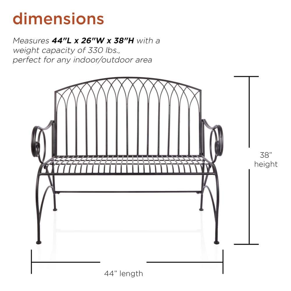 Alpine Corporation 44 in. L 2-Person Black Classic Metal Indoor/Outdoor Garden Bench BAZ424