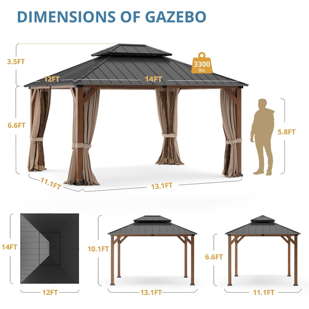 Outdoor Hardtop Aluminum Patio Gazebo with Curtains Steel Double Roof Pergolas