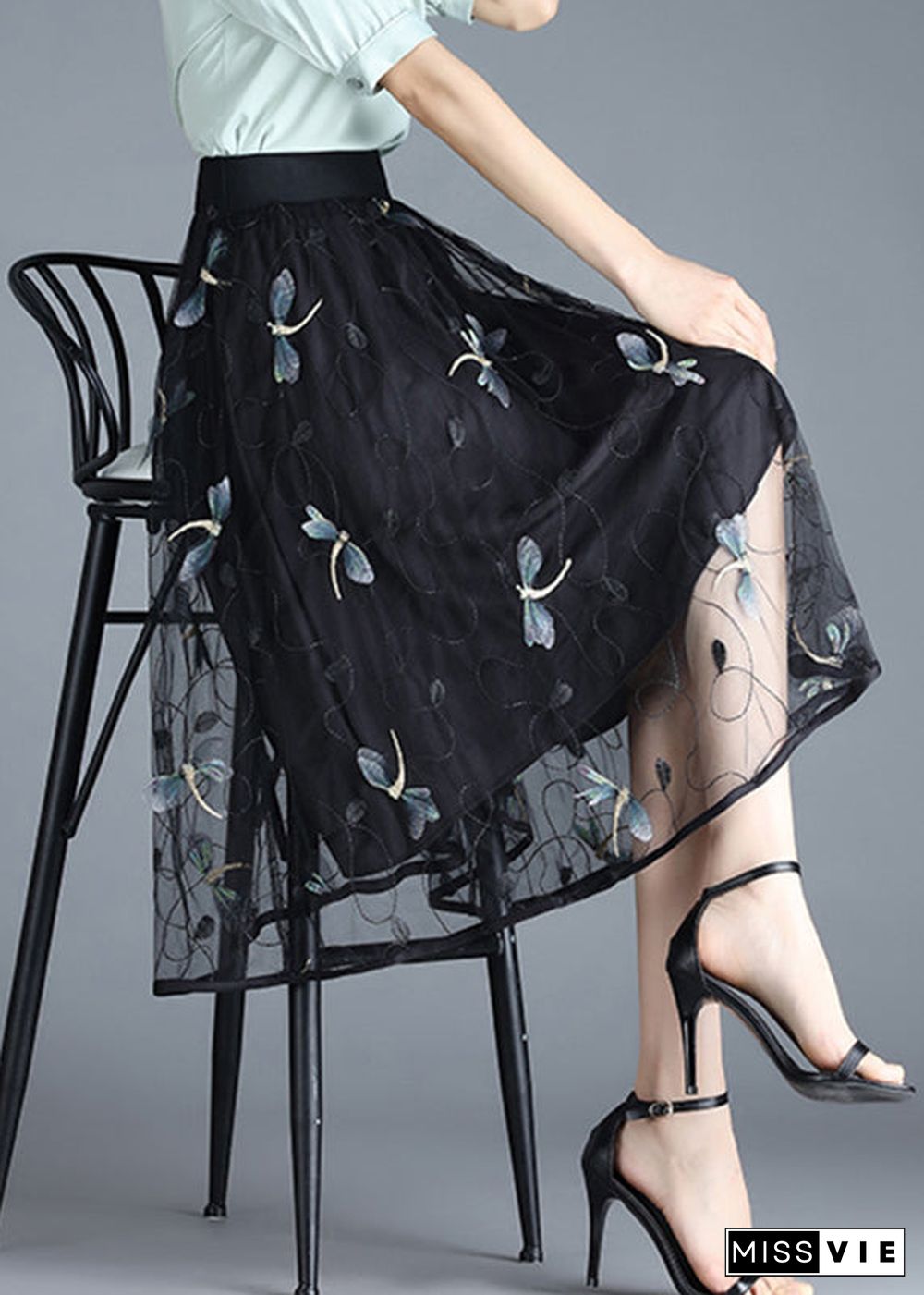 Boho Black Butterfly Embroideried Elastic Waist Tulle Skirt Summer