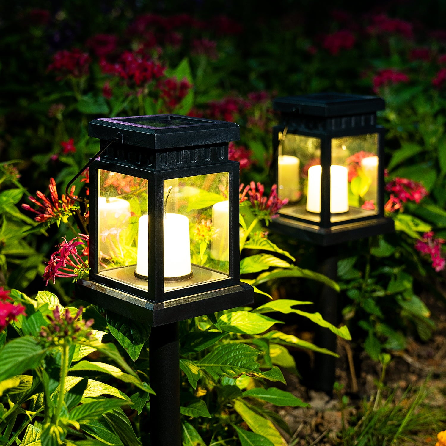 GIGALUMI 8 Pack Solar Hanging Lantern， Outdoor Garden Plastic LED Light with Stake Warm White