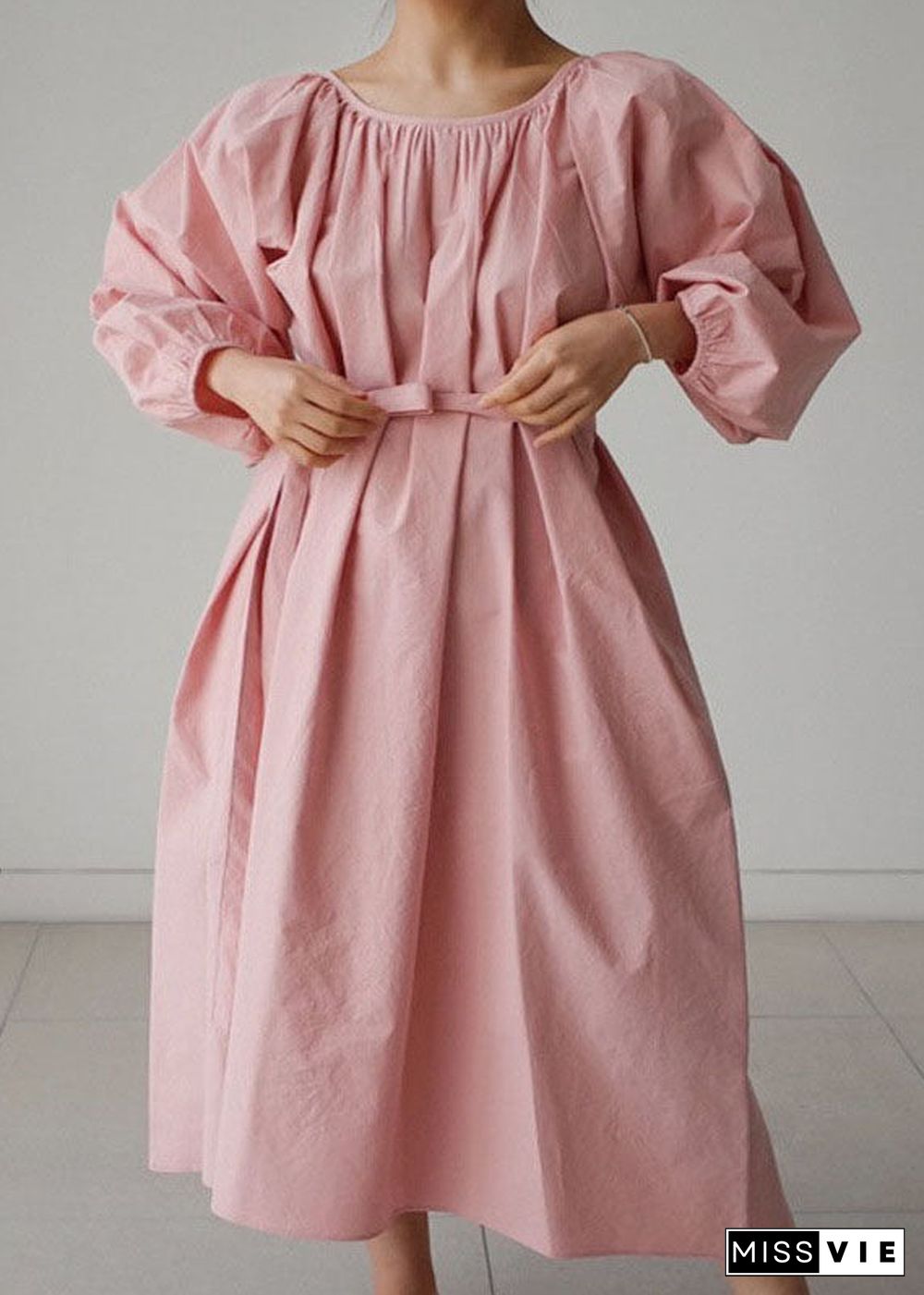 Pink Cotton O-Neck wrinkled Maxi Dress Three Quarter sleeve