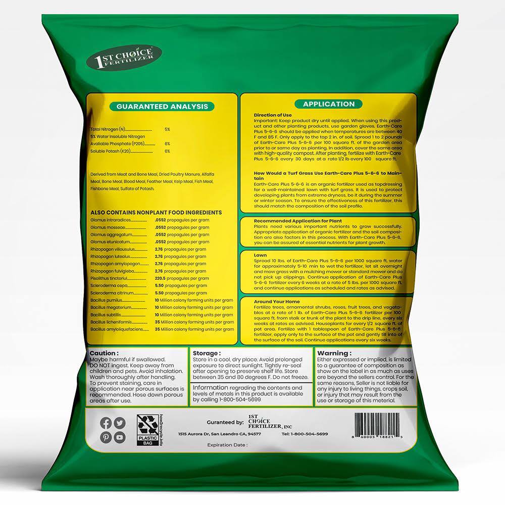 1ST CHOICE FERTILIZER Earth-Care Plus 5-6-6 4 lbs. 400 sq. ft. Slow Release Organic All Purpose Plant Nutrition 1stC1