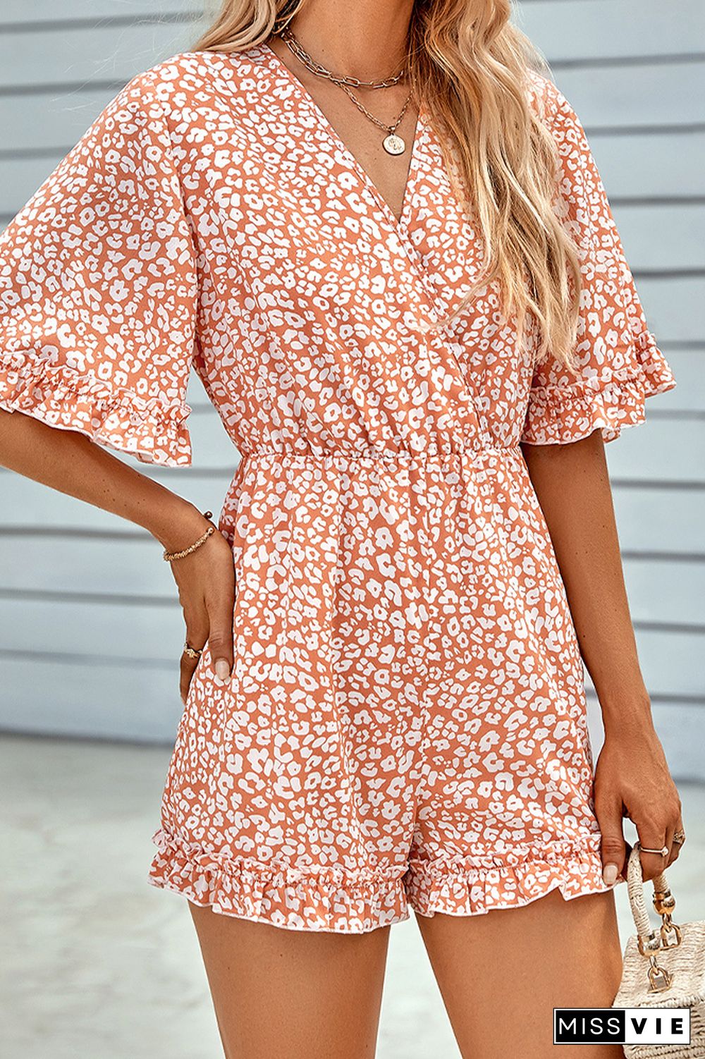 V Neck Printing Short One Piece Jumpsuit