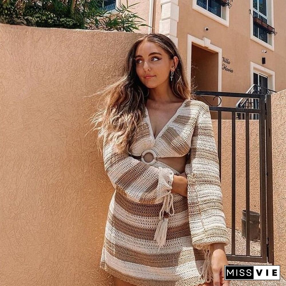 Women's Summer Crochet V-Neck Long Sleeve Sexy Dress