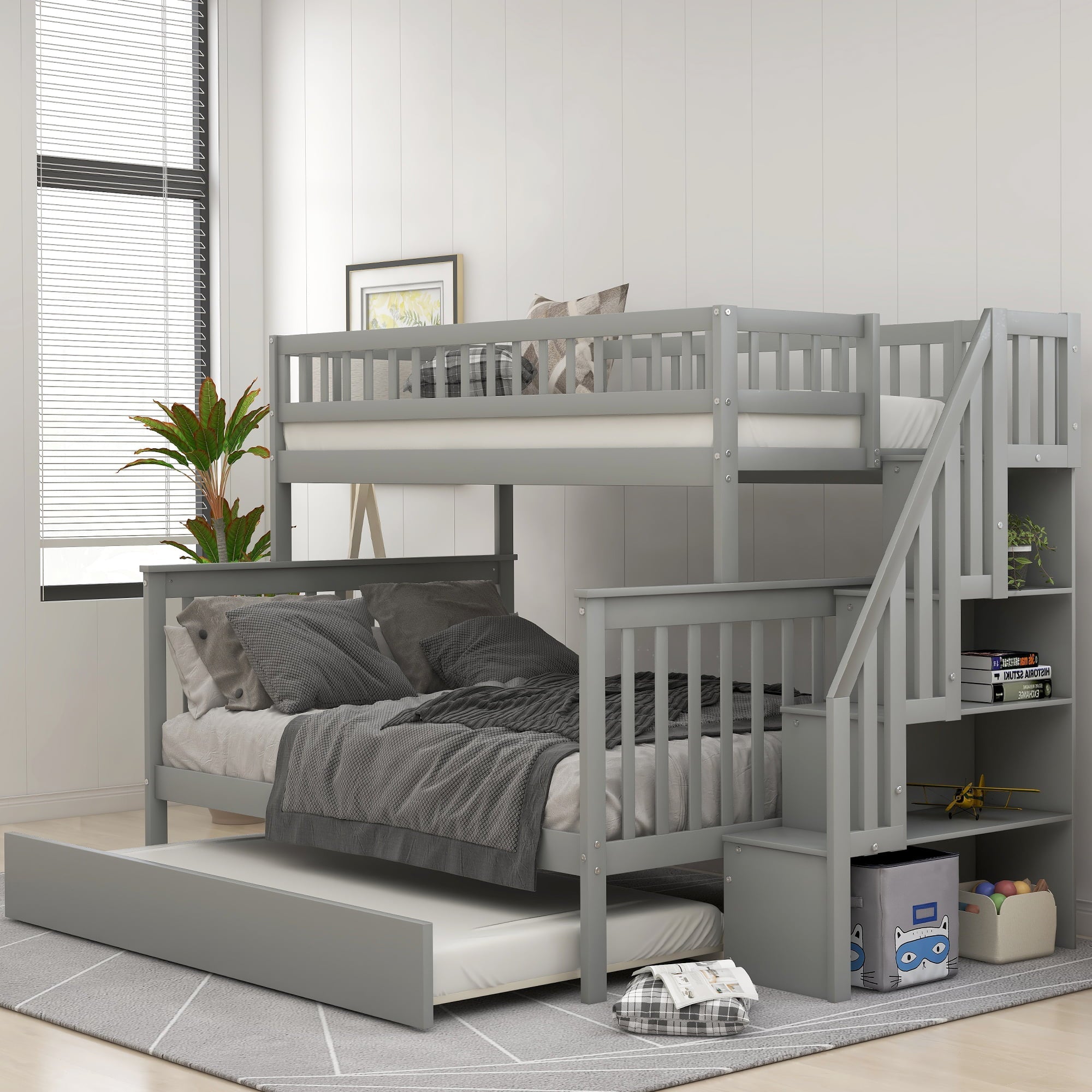 Euroco Twin Over Full Bunk Bed with Trundle and Stairs for Kids, Gray