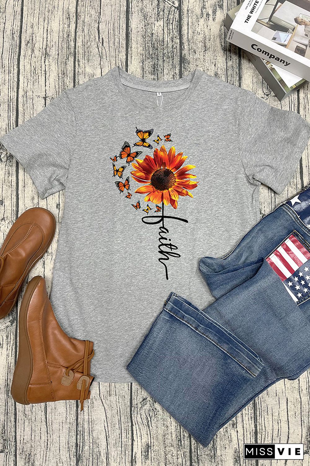 Sunflower and Butterflies Short Sleeve Graphic Tee Wholesale