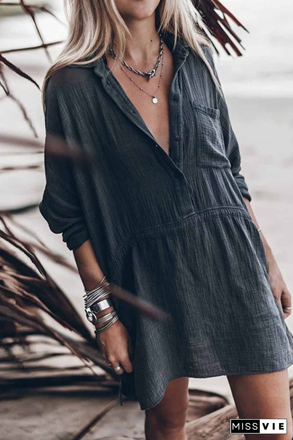 Casual loose V-Neck Cotton And Linen Long Sleeves Mini Dress