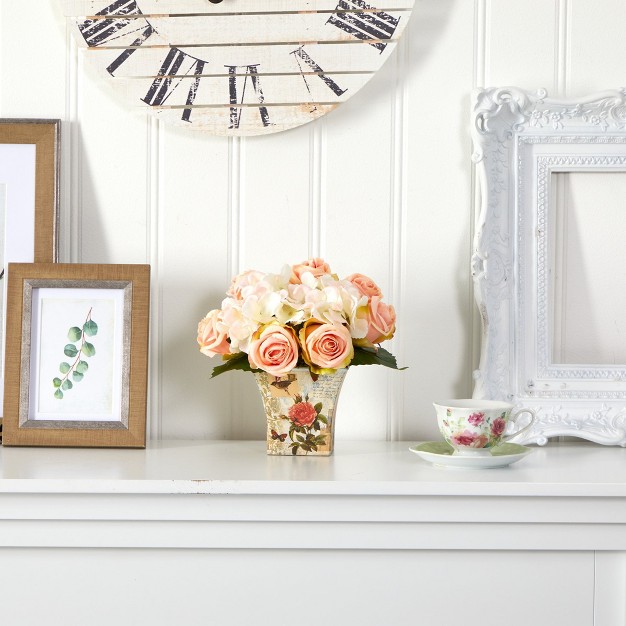 Nearly Natural 8 in Rose And Hydrangea Bouquet Artificial Arrangement In Floral Vase