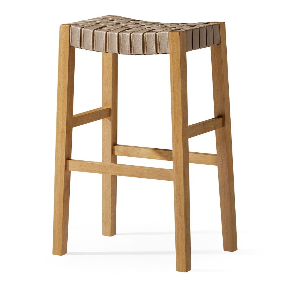 Maven Lane Emerson Bar Stool in Weathered Natural Wood Finish with Avanti Bone Vegan Leather   Brown   Bar   31\