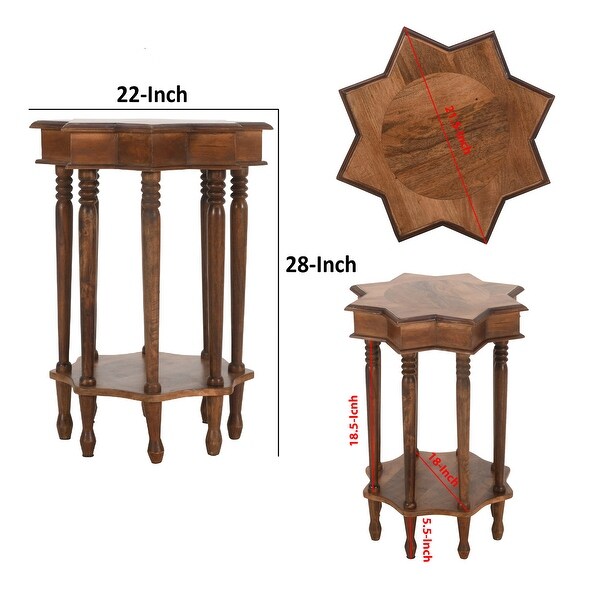 22 Inch French Design Handcrafted Mango Wood Side Table with Star Shape， Brown