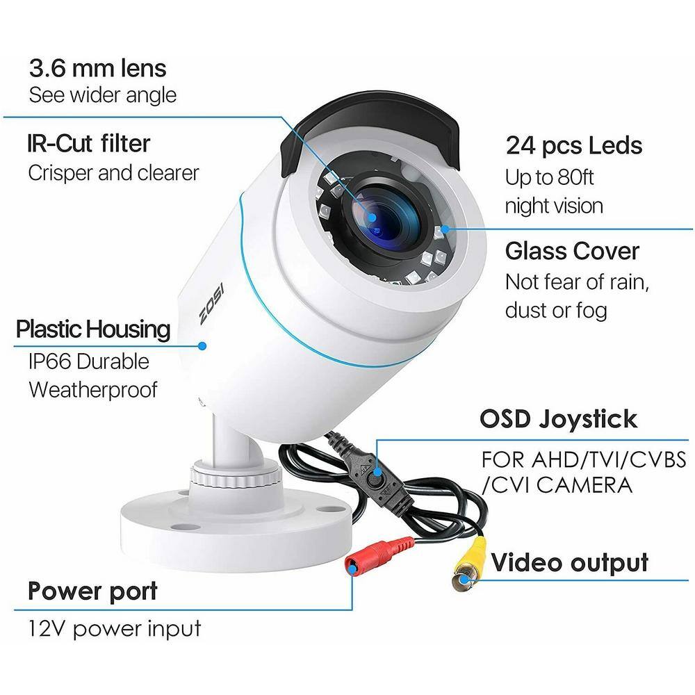 ZOSI Wired 1080p Outdoor Home Security Camera 4 in 1 Compatible for 1080p720p TVICVIAHDCVBS DVR 1AC-1062C-WS-A2