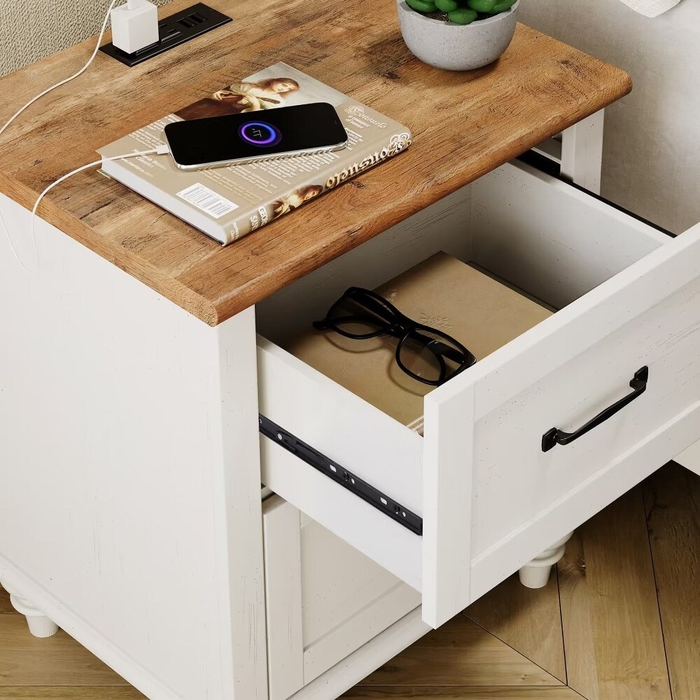 White Nightstand with Charging Station  2 Drawer End Table (Set of 2)