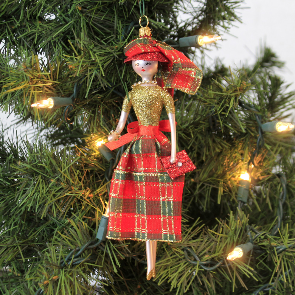 De Carlini Chloe In Gliitered Plaid Skirt Ornament Italina Diva Lady Do7549   Christmas Ornaments   by Story Book Kids Inc  Houzz