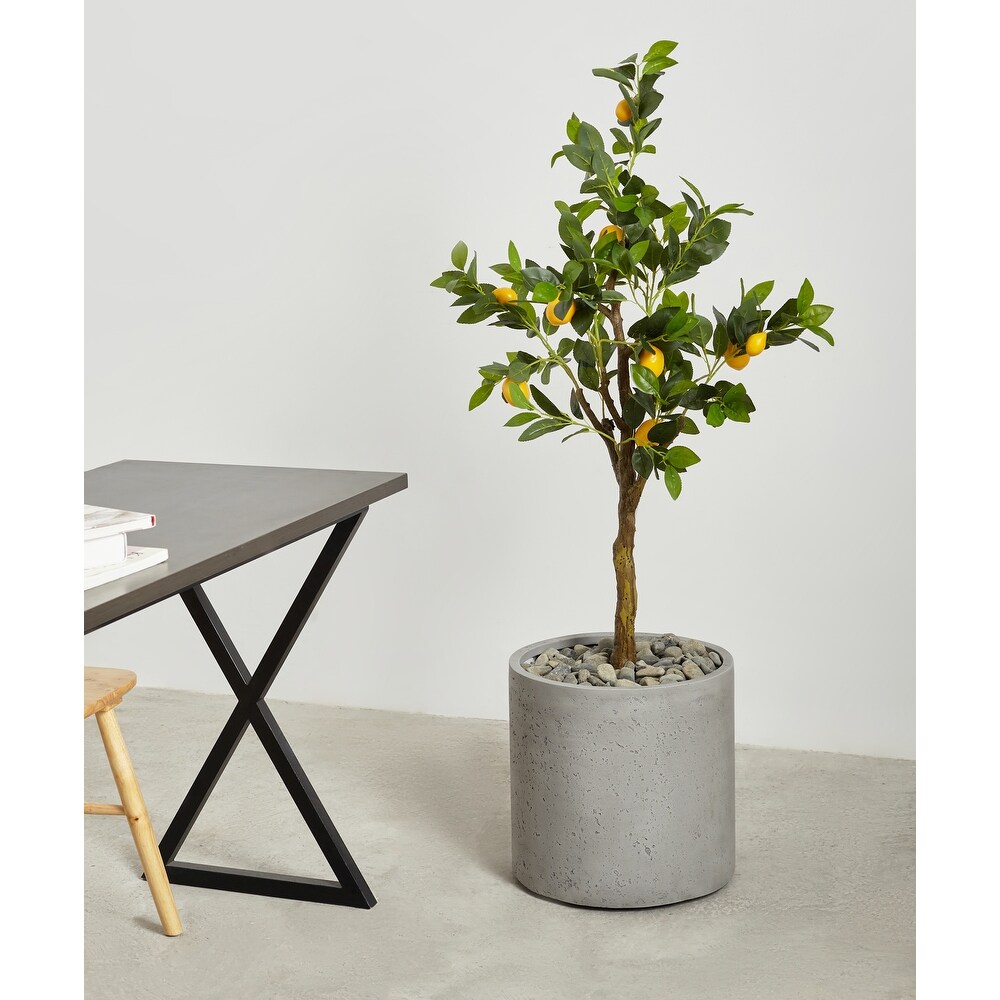 Indoor/Outdoor Large Nordic Minimalist Fiberstone Lightweight Round Cylinder Planter Pot  19 15 12inch Cement Finish