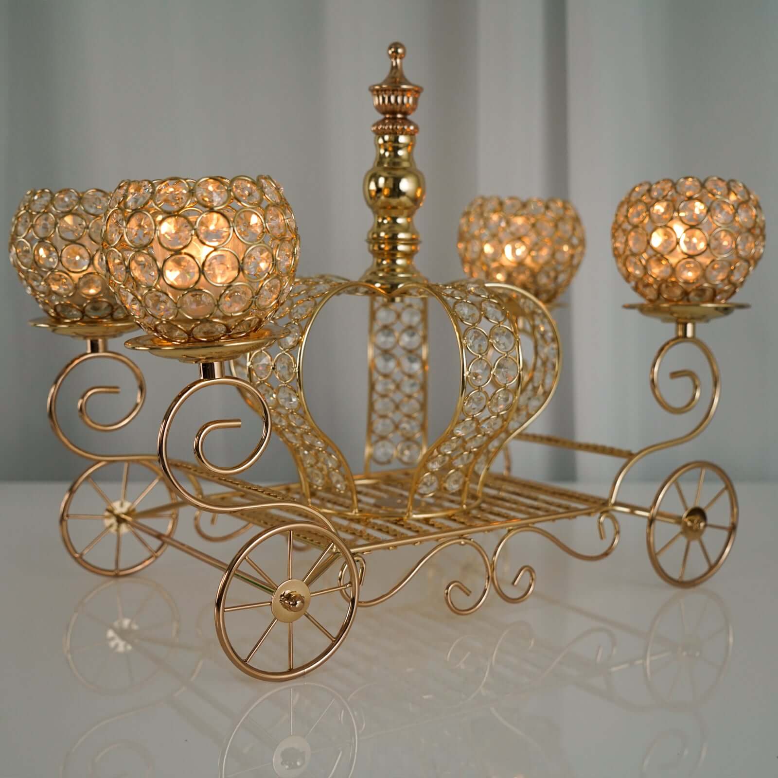 Gold Metal 4-Arm Crystal Cinderella Carriage Candle Holder Centerpiece 18