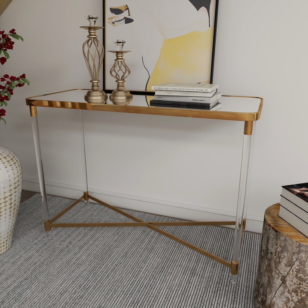 Gold Metal Contemporary Console Table with Mirrored Top and Acrylic Legs