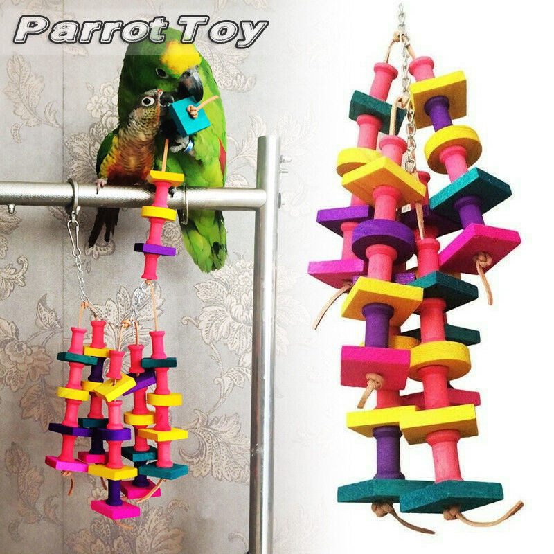 Wooden Parrot Pet Bird Chew Toys Budgie Cockatiel Perch Hanging Swing Cage Large