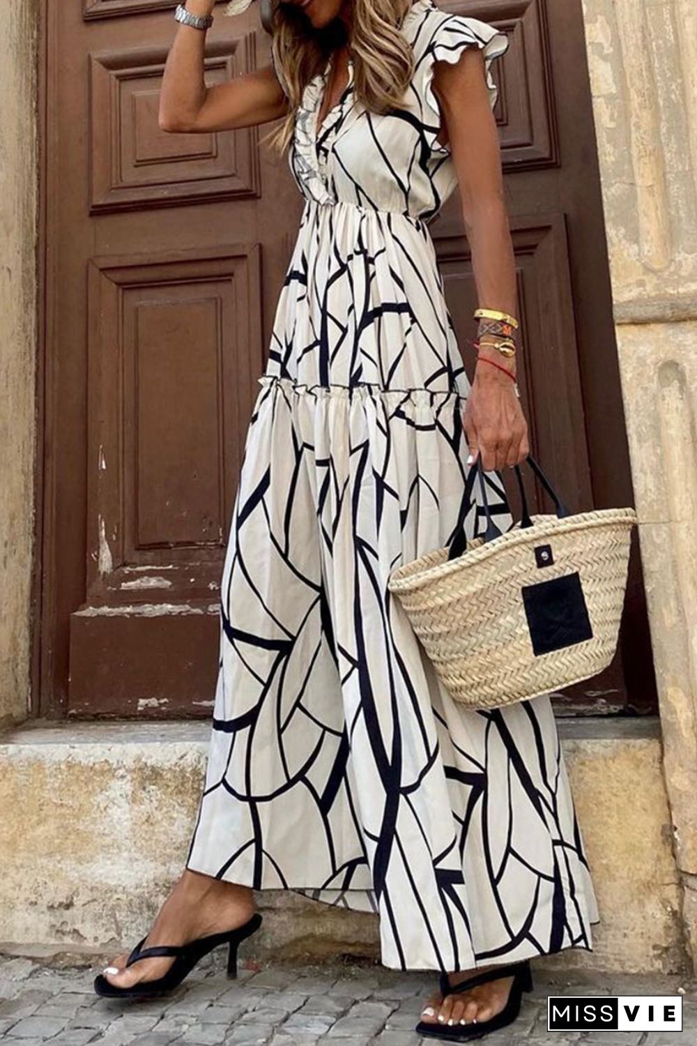 White Abstract Vein Print V Neck Ruffle Maxi Dress