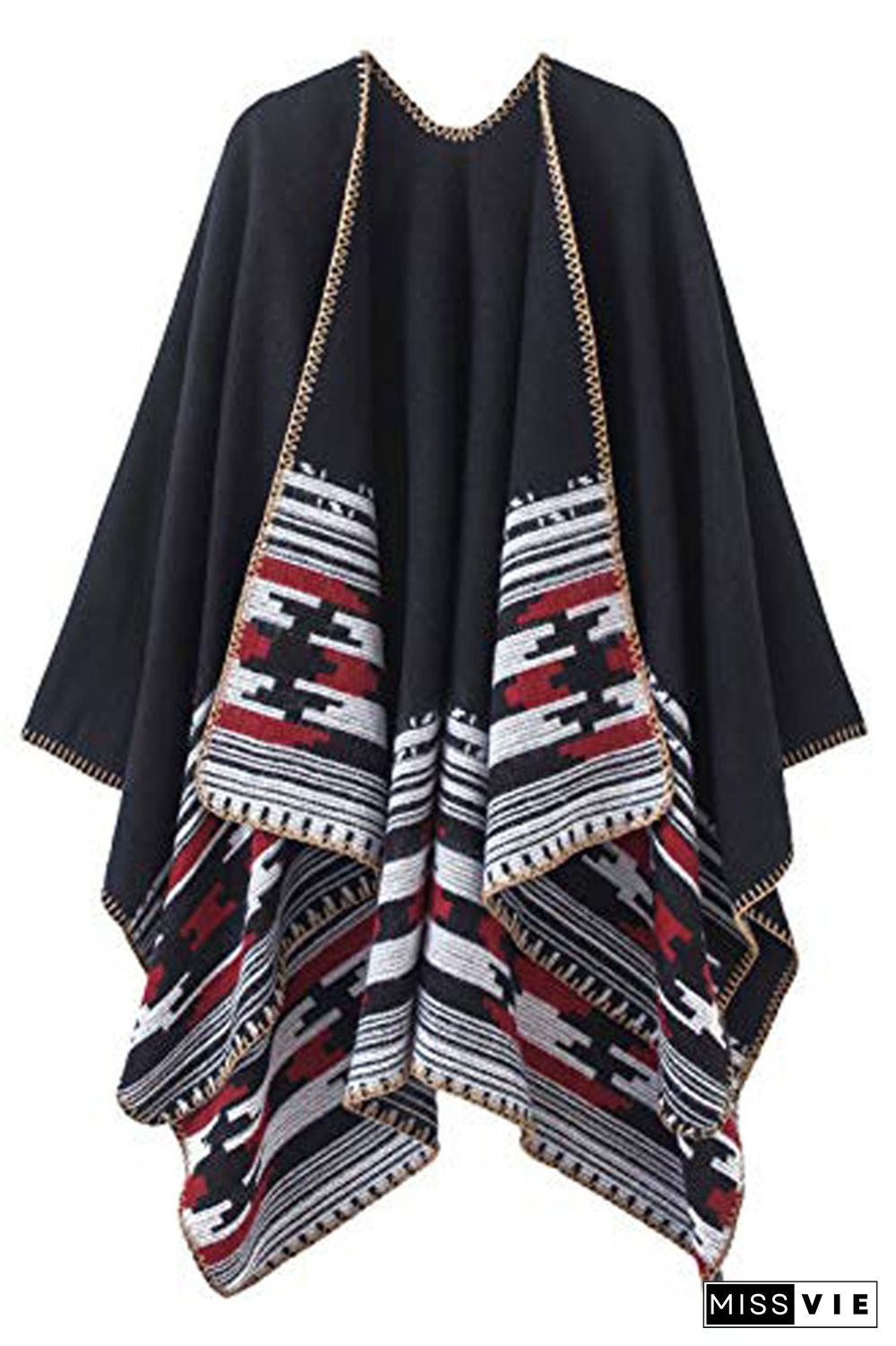 Colorblock Contrast Front Open Plaid Cape Cover Up