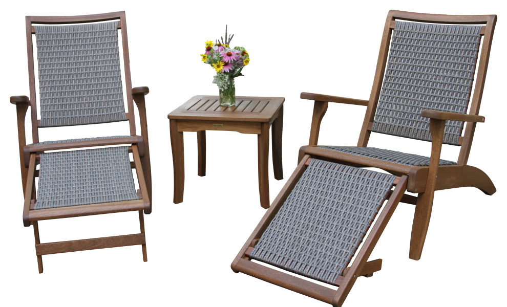 3 Piece Eucalyptus and Wicker Lounger Set With Ottoman and Square Accent Table   Tropical   Outdoor Lounge Sets   by Outdoor Interiors  Houzz