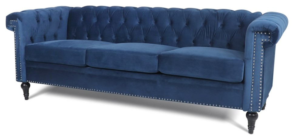 CRO Decor 83.5  x27 x27Traditional Square Arm Removable Cushion 3 Seater Sofa (Blue)   Eclectic   Sofas   by Homesquare  Houzz