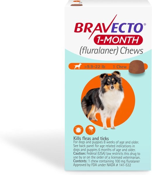 Bravecto 1-Month Chews for Dogs， 9.9-22 lbs， (Orange Box)