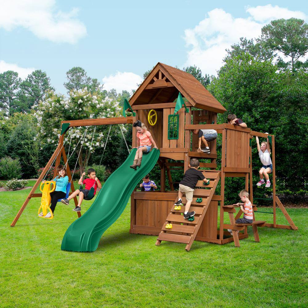 Swing-N-Slide Playsets KnightsBridge Ultimate Complete Wooden Outdoor Playset with Monkey Bars Slide Swings and Swing Set Accessories WS 8352