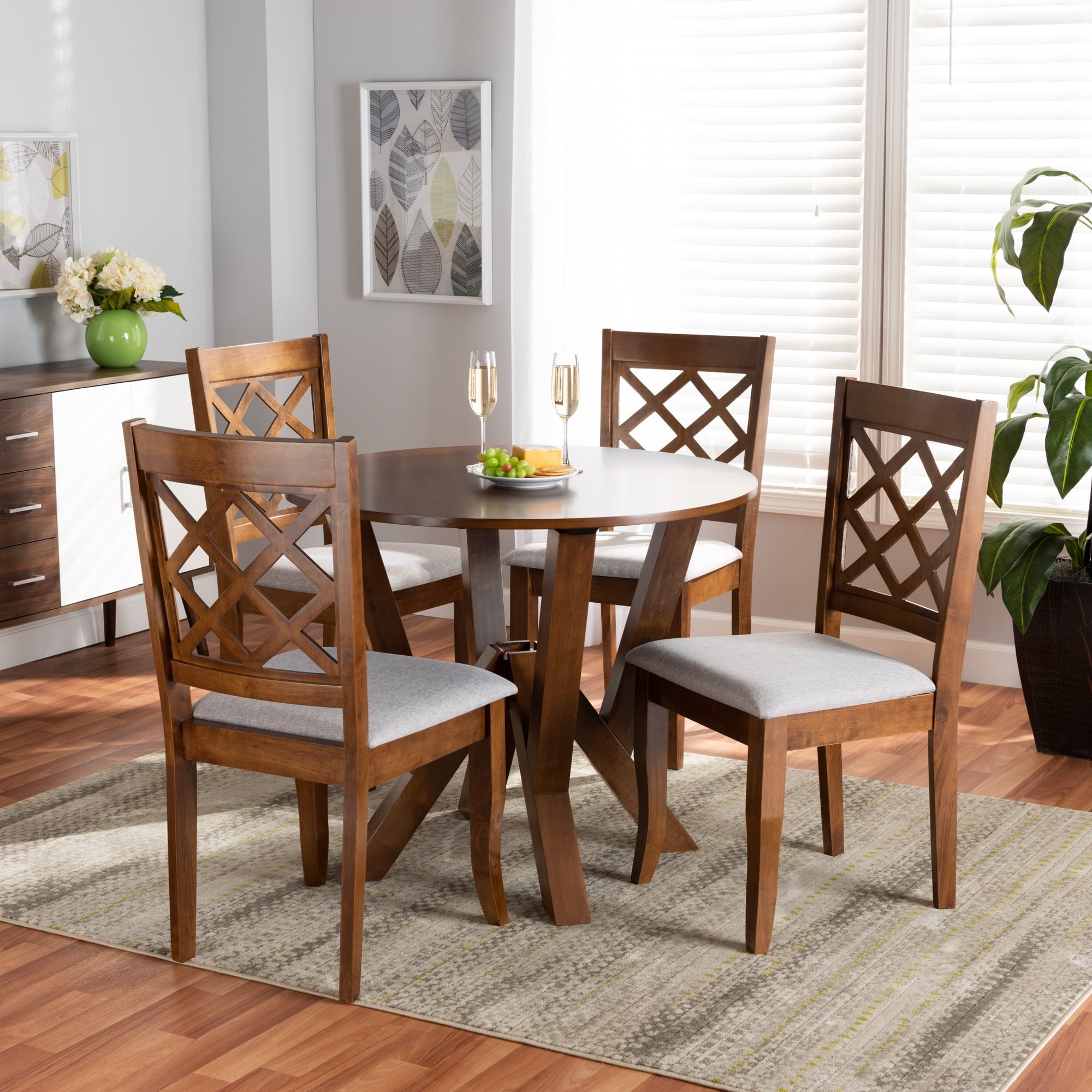 Zoe Modern and Contemporary Grey Fabric Upholstered and Walnut Brown Finished Wood 5-Piece Dining Set