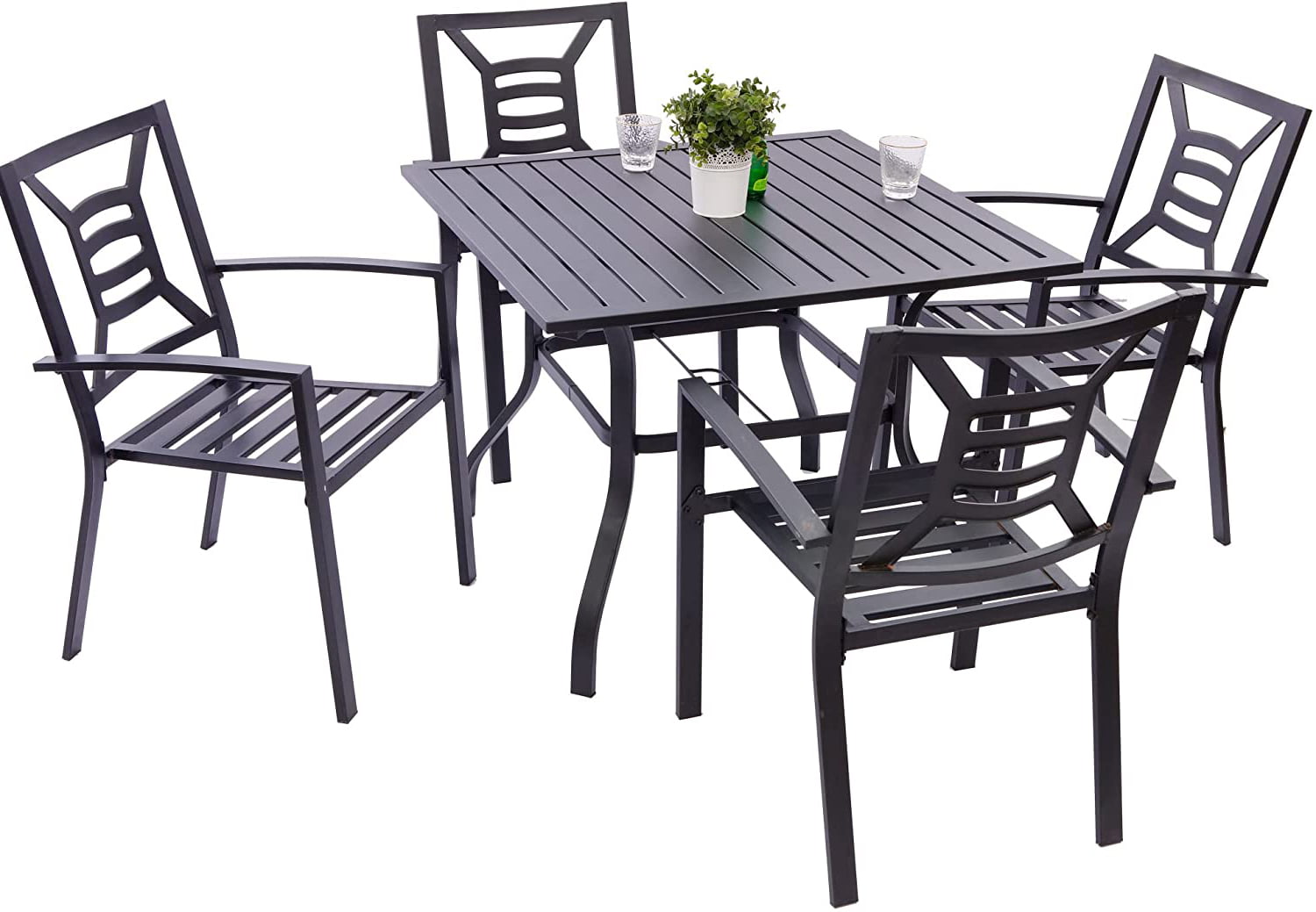 5-piece Metal Patio Furniture Set, Outdoor Metal Dining Set: Square Metaltop Table With Umbrella Holes & 4 Stackable Backyard Garden Chairs