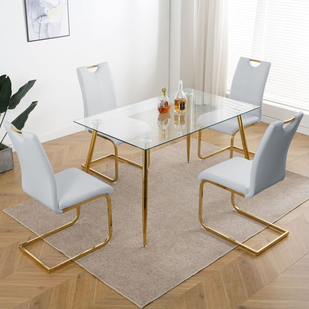 Modern Dining Chairs with Faux Leather Padded Seat and gold Metal Legs Set of 4