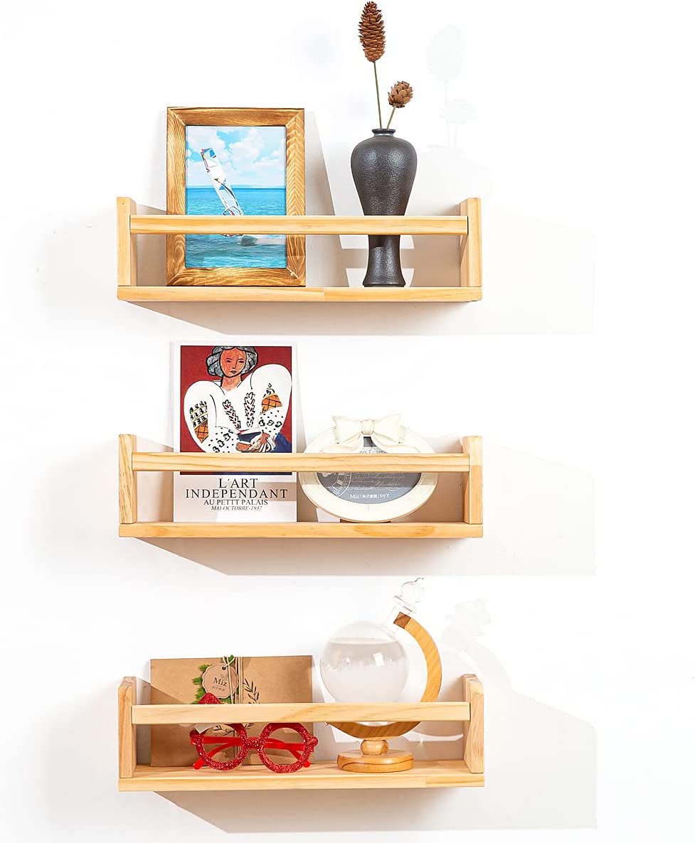 Floating Bookshelf 3 Same Dimensions, 16 Inch Handmade Solid Wood Wall Book Shelf, Wall Shelf for Kitchen Spice Rack or Bathroom Organizer