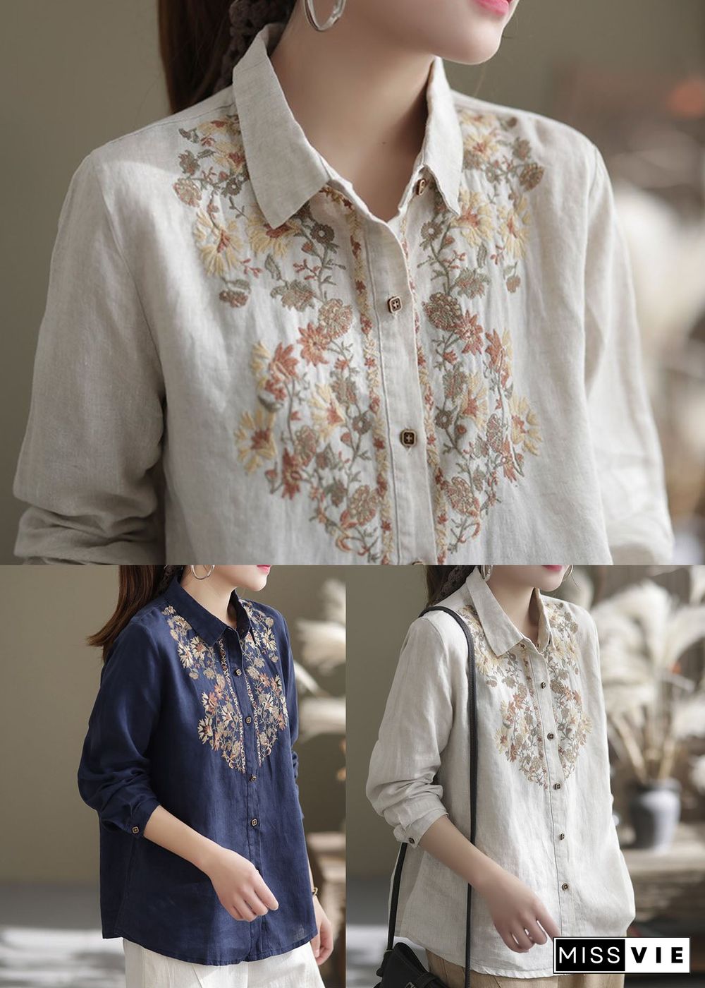 Navy Linen Shirt Top Turn-down Collar Embroideried Spring