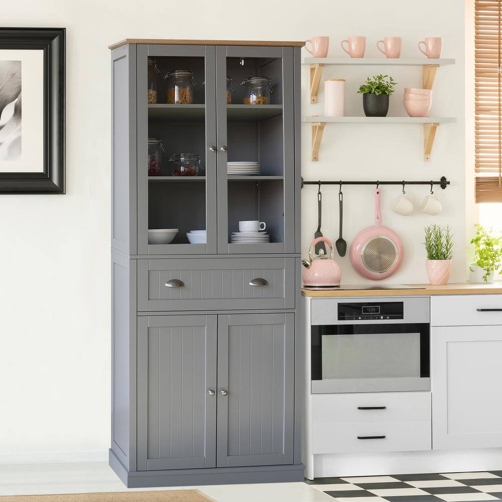 VEIKOUS Gray Wood 29.9 in. W Kitchen Storage Pantry Cabinet Closet with Doors and Adjustable Shelves HP0405-11GY-2