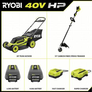 RYOBI 40V HP Brushless 20 in. Cordless Battery Walk Behind Push Mower  String Trimmer with (2) Batteries and Chargers RY401170-4X