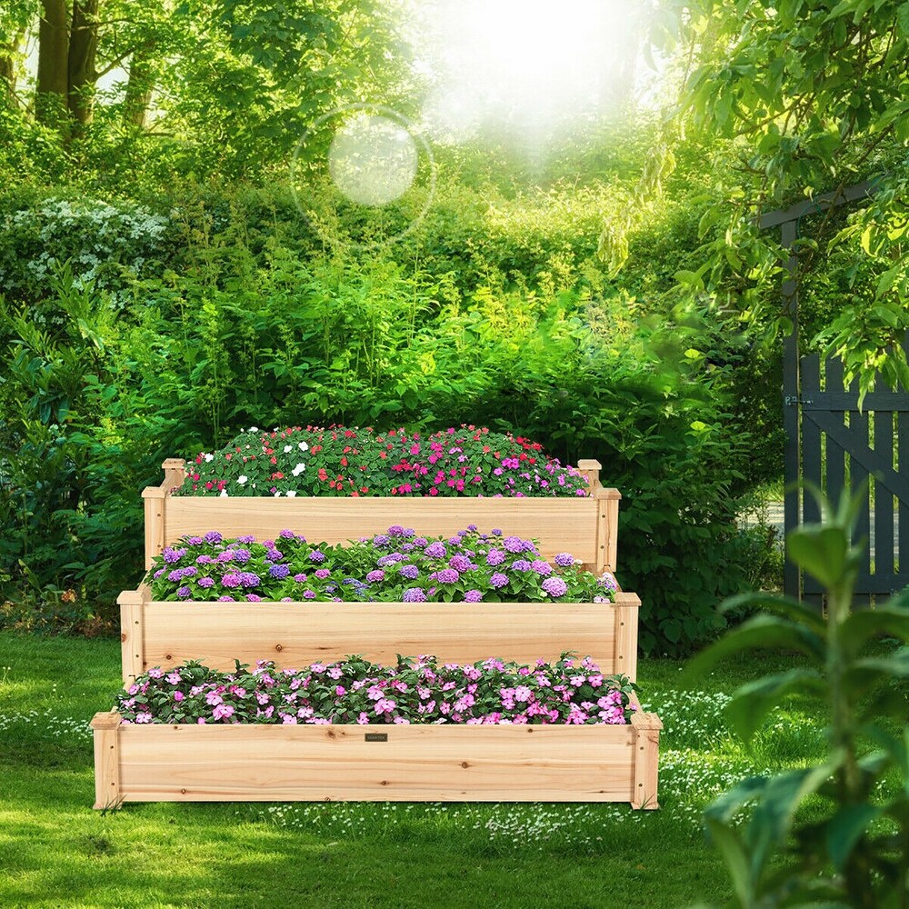 Costway 3 Tier Wooden Raised Garden Bed Planter Kit Outdoor Grow   49\