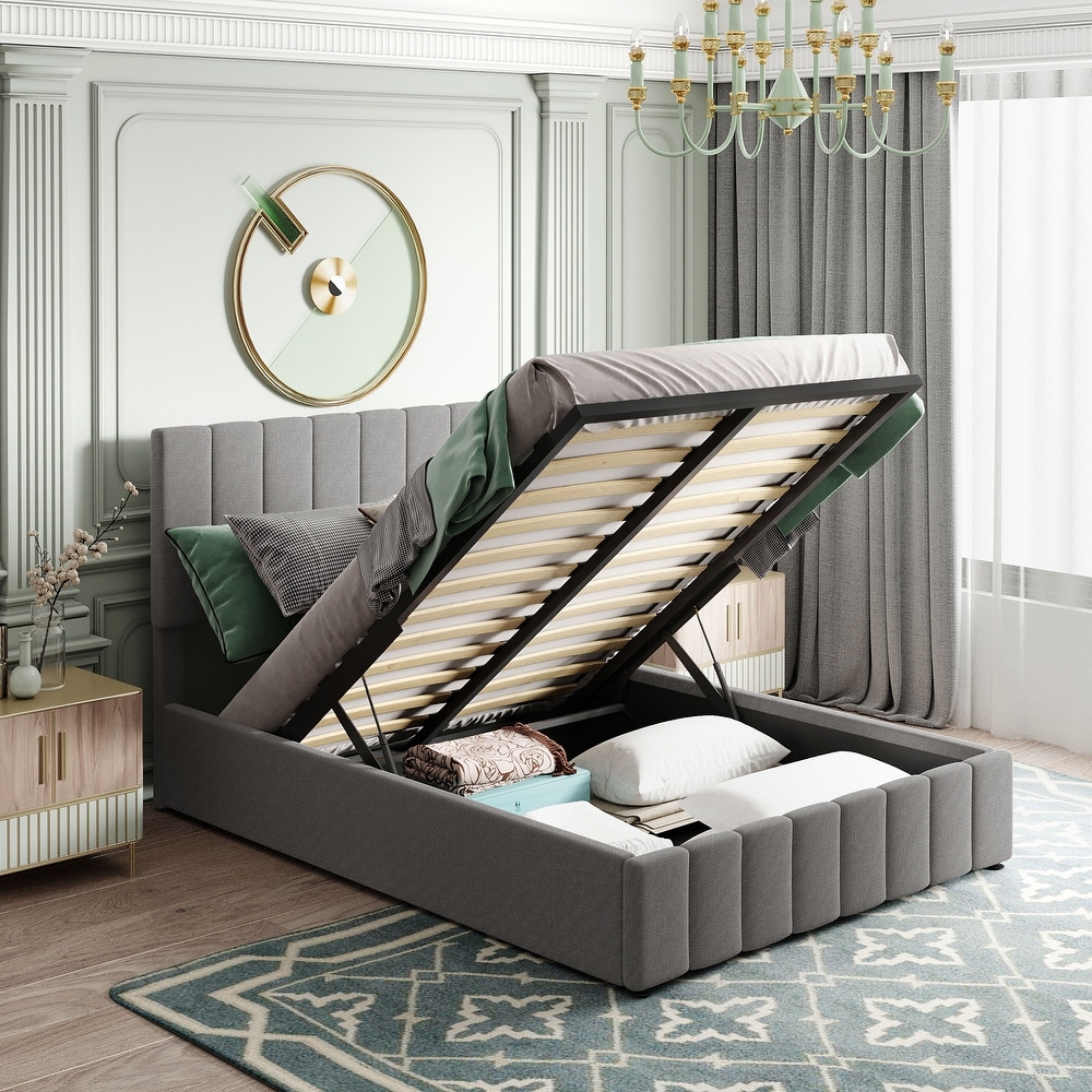 Upholstered Platform Bed with Gas Lift up Storage  Wooden Platform Bed Frame with Tufted Headboard and Hydraulic Storage System